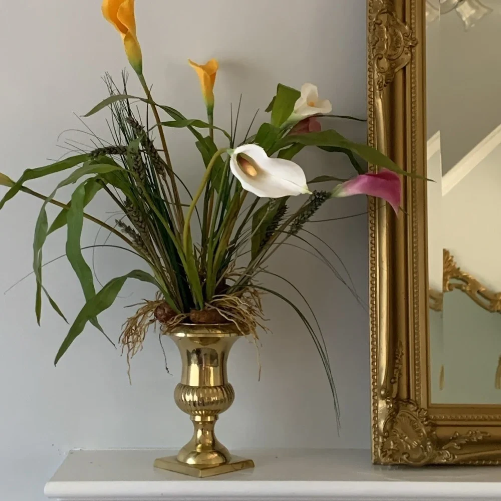 Brass pedestal‎ vase calla Lilly arrangements dry and faux greenery home decor